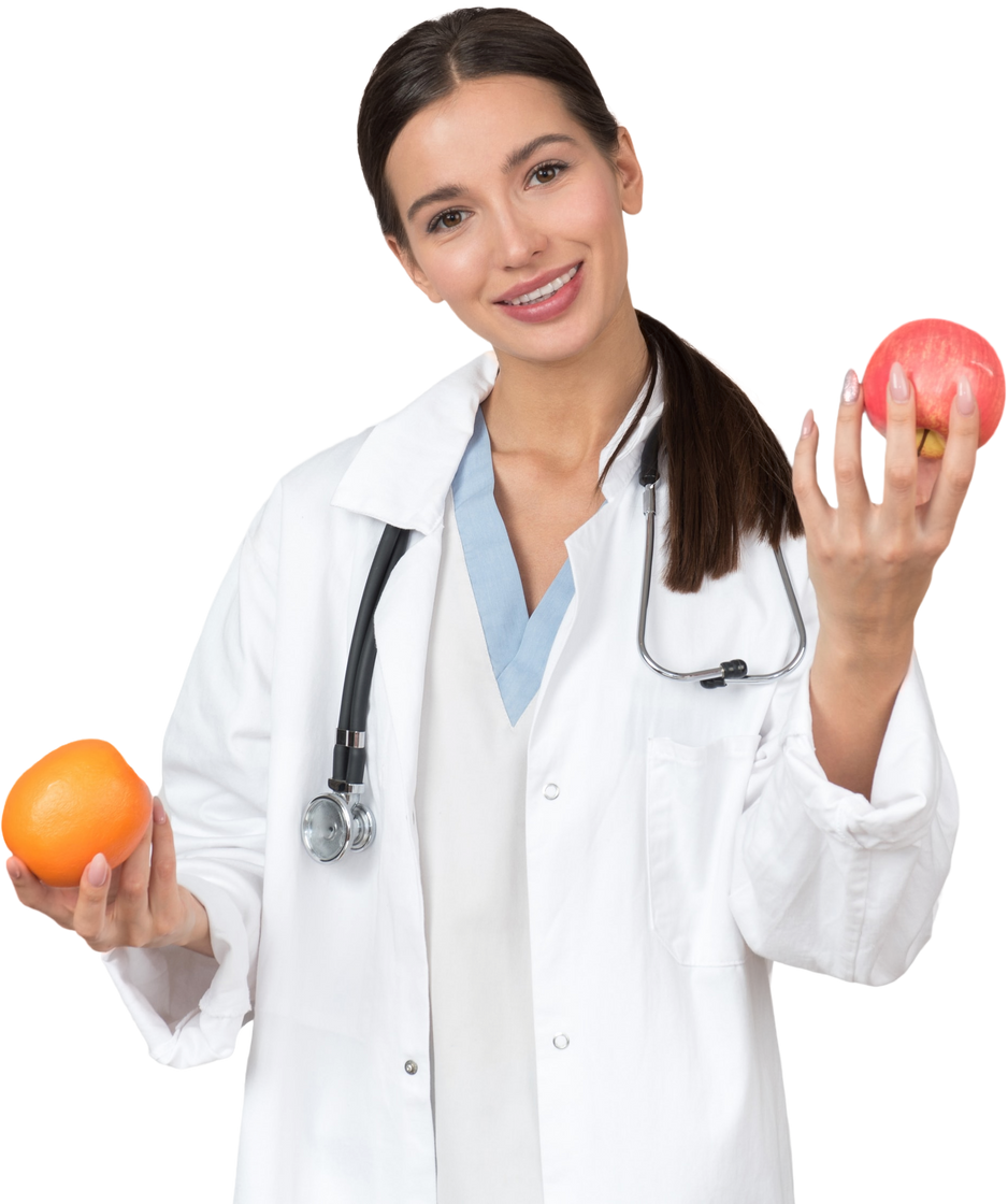 Smiling Female Doctor Holding Orange and Apple